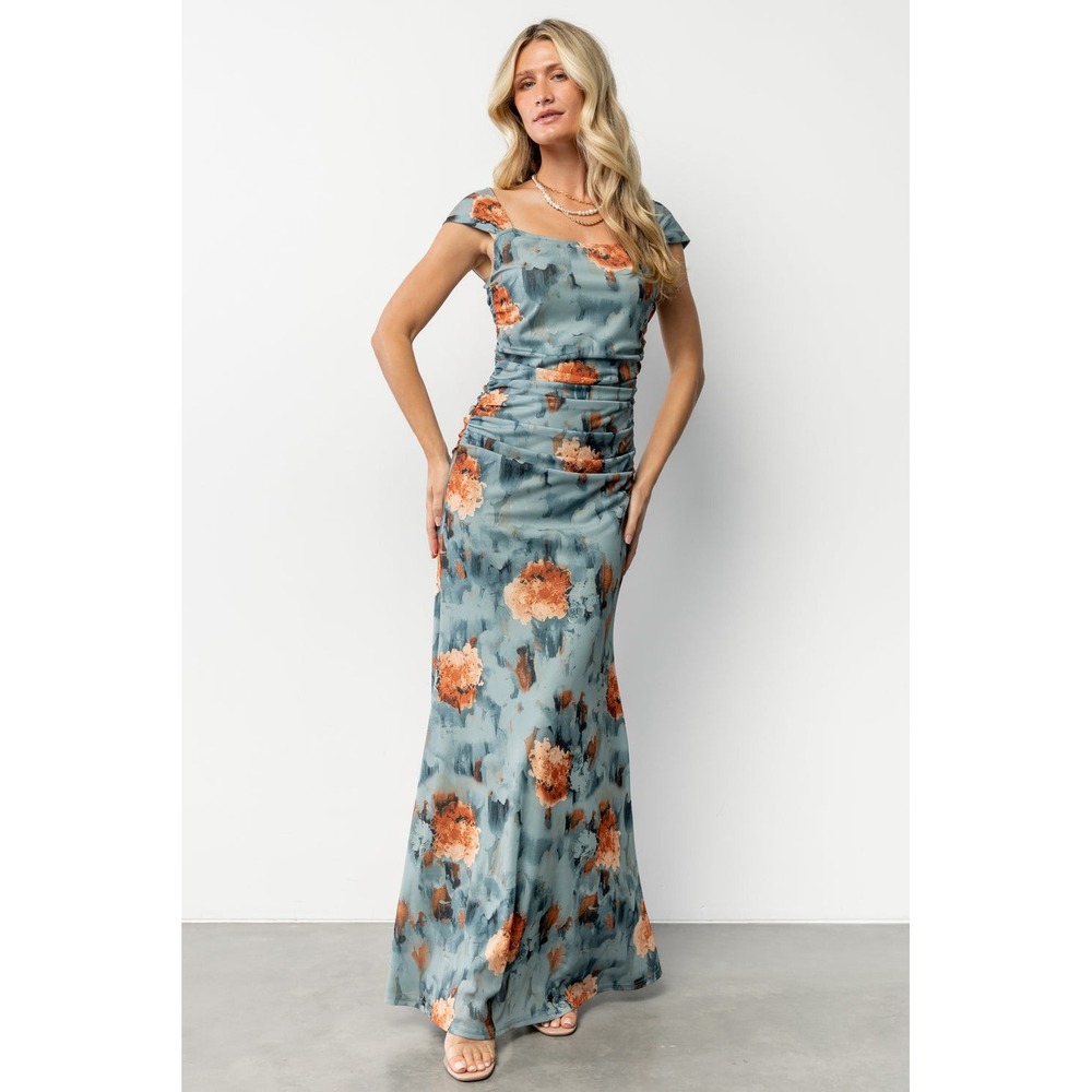 Baltic Born NWOT Amelia Tank Maxi‎ Dress Vintage Teal Rust Floral Print Ruched L